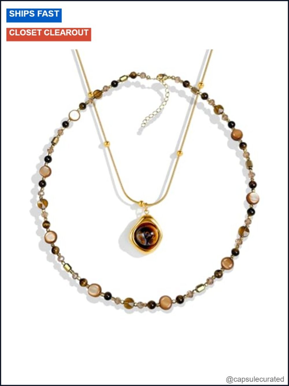 Vintage Layered Beaded Necklace Set, 14K Gold Plated Pendant Chain, Statement